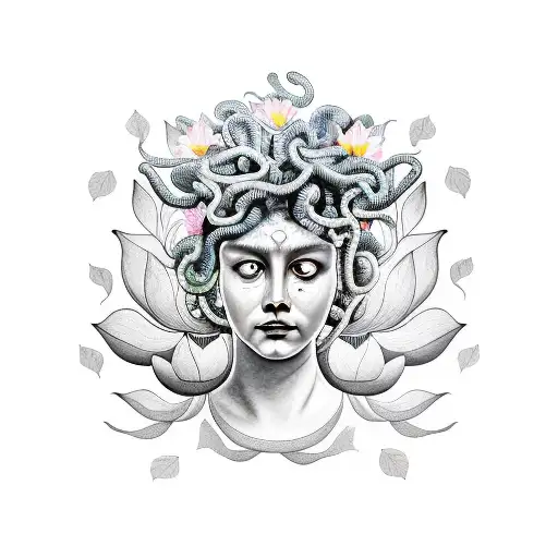 Medusa Crying With Lotus Flowers