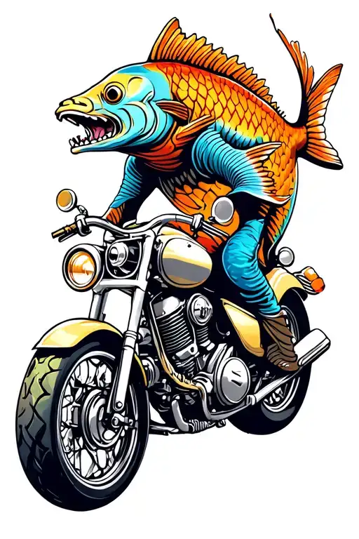 Fish Riding A Motorcycle Engine With Gears