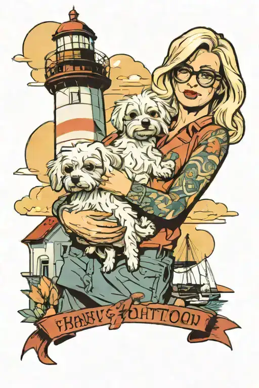A Blonde Woman Wearing Glasses Holding A Baby With A Maltese Dog Nearby In Front Of A Lighthouse