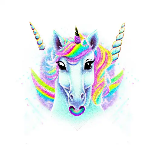 Unicorn With Rainbow Maine Green Eyes Tattoo With Heart On Cheek
