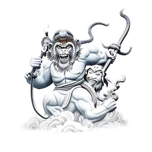 The Monkey King Holding His Staff Riding His Foo Dog With Clouds And Chinese Mountains