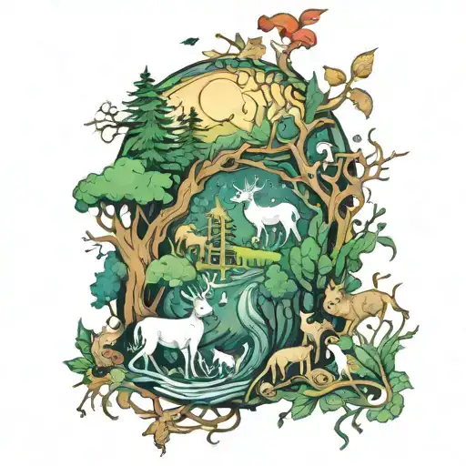 A Mystical Forest Scene With Animals And Wiccan Symbols Intertwined
