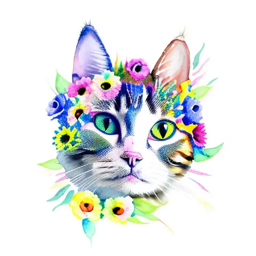 Watercolor Cat Made Of Colorful Flowers