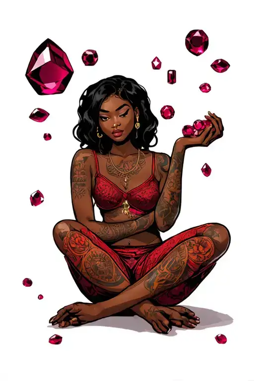 Black Woman Sitting Cross Legged Holding Rubies Toward