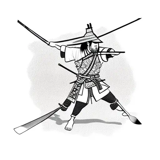 Samurai With Straw Hat And Bow And Arrow Weapon Next To Cherry Blossom And Lake