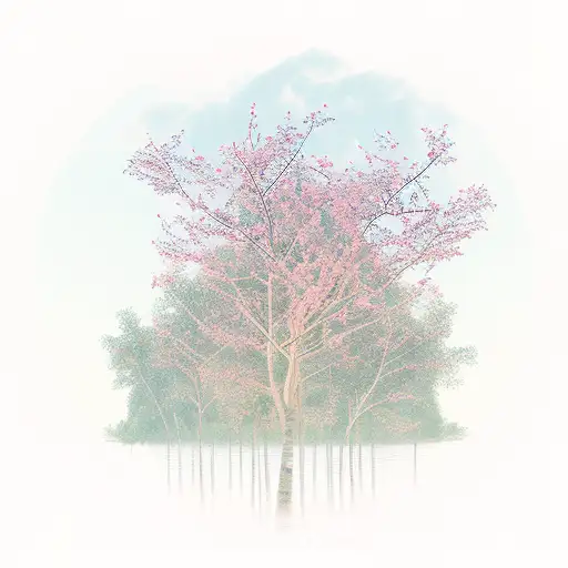 A Serene Sunset Scene With A Harmonious Blend Of Nature Elements Like Trees And Ivy