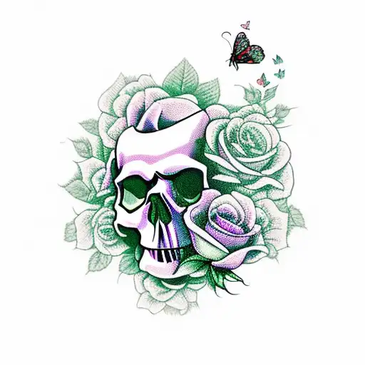 Skull Buried Under Roses And Butterflies