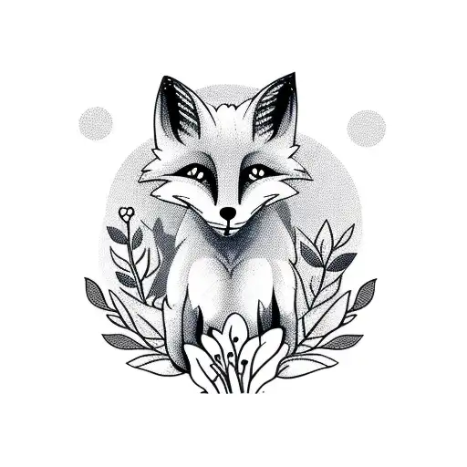 Fox With Paws And Tail Surrounded By Flowers And Leaves