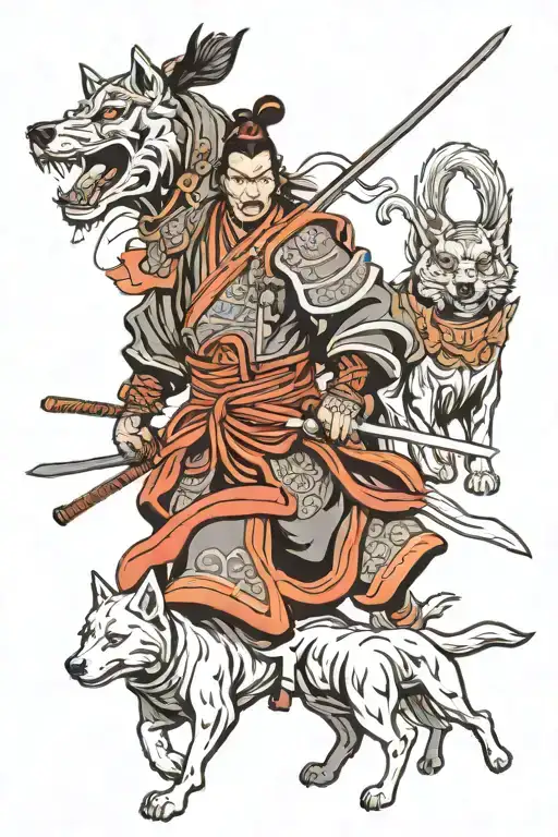 Samurai With Dogs Running Alongside