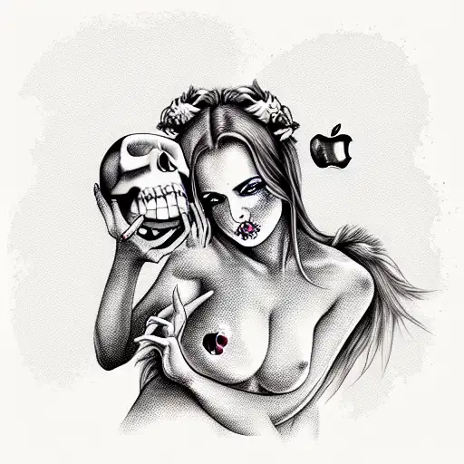 Detailed Sexy Succubus Holding A Skull And An Apple In Her Hand