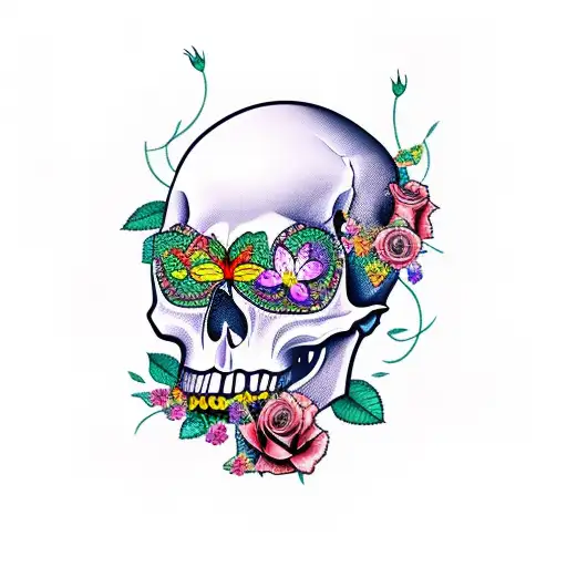 Skull Buried Under Roses And Butterflies