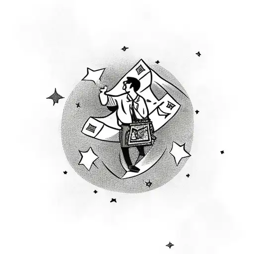 A Traditional Tattoo Of A Humble Entrepreneur Surrounded By Stars And Holding A Bag Of Money