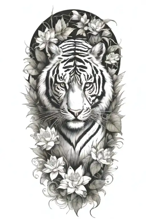 Tiger In The Rainforest With Lotus Flowers All Around