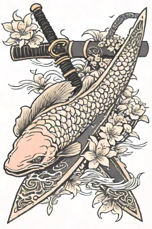 Katana Sword With 1 Koi Around And Cherry Blossom Flowers