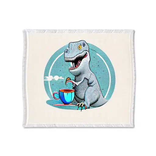 Dinosaur Enjoying A Cup Of Coffee On A Beach Towel