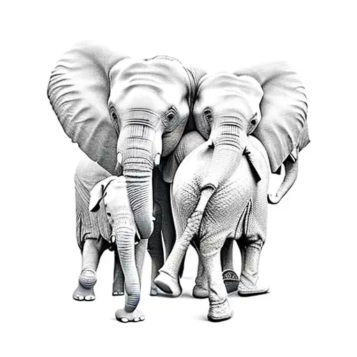 Elephant Dad With Three Smaller Elephants Next To Him Looking At Them From Their Back Side