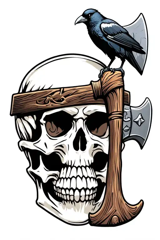 Axe Embedded In Skull With Crow Perched On Axe Handle