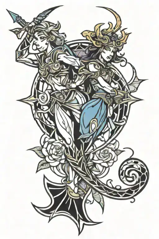 Sagittarius And Pisces Leg Tattoo Design