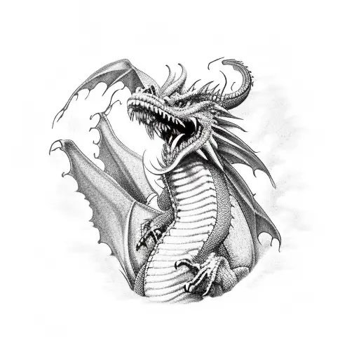 A New-school Design Of A Dragon Breathing Fire In Front Of A Nordic Landscape