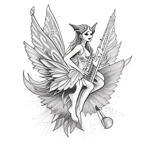 A New-school Tattoo Of A Fairy Riding A Mythical Animal While Playing A Musical Instrument