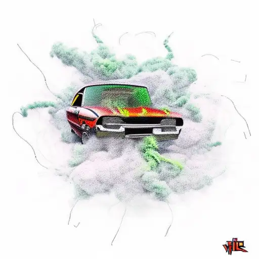 New-school Graffiti-style Tattoo Of A Car Engulfed In Cannabis Smoke