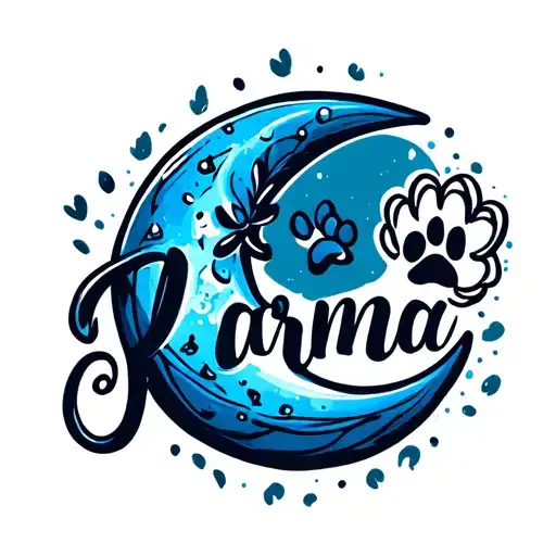 A Blue Crescent Moon With Karma In Elegant Script And A Small Paw Print Next To It