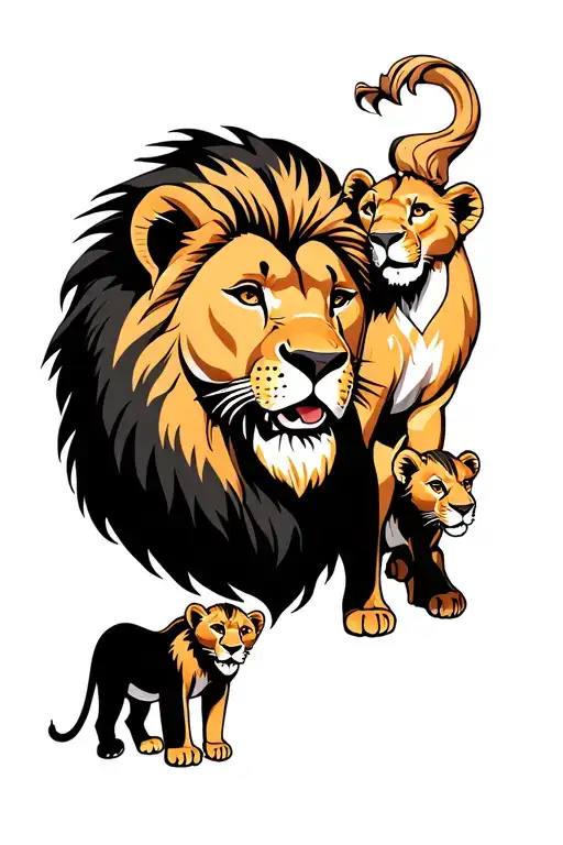 Male Lion With Lioness And 3 Playfull Cubs Tatoo Design