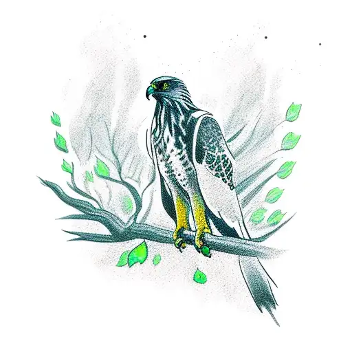 Hawk Perched On A Tree Branch Overlooking Water With A Fish Arm Sleeve