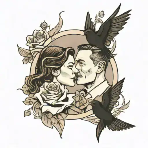 Father And Mother Portrait With Roses And Swallows Around