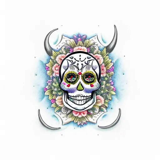 Crescent Moon With A Sugar Skull Face With Floral Desiggns