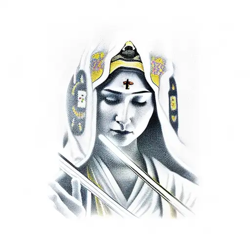 Holy Mother Holding A Katana In One Hand And Blowing A Kiss With The Other