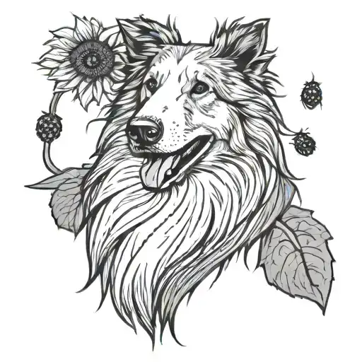Rough Collie Dog With A Single Sunflower And Ladybugs