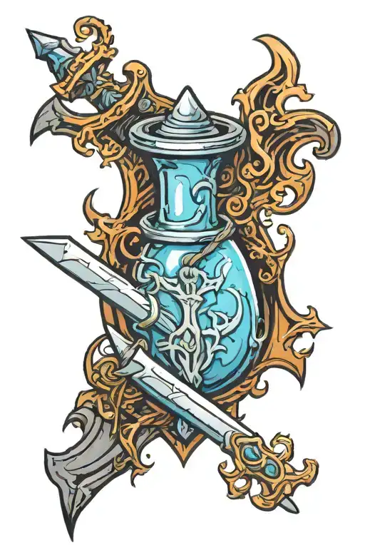 Skyrim Symbol With A Steel Sword Laid Against It And A Blue Potion Sat Next To It
