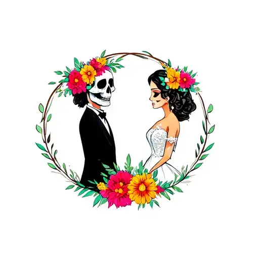 Mexican Skull Newlywed Couple With Colourful Flowers