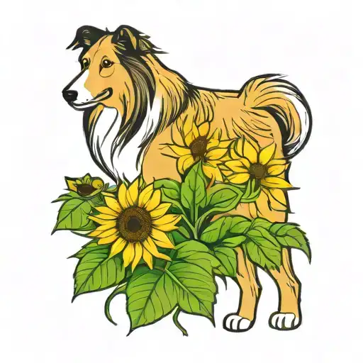 Rough Collie Dog Part Of A Wooden Frame With A Couple Of Sunflowers And Ladybugs