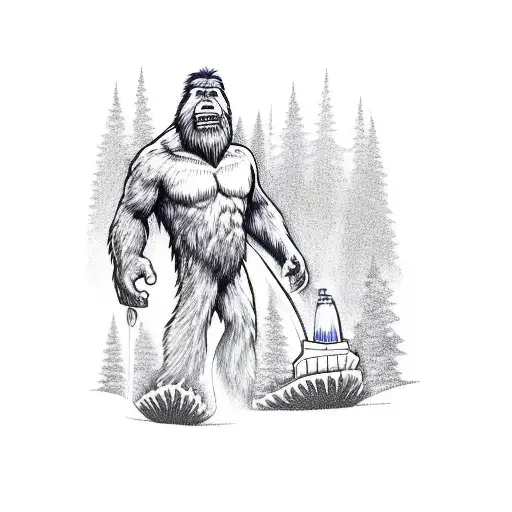 Bigfoot As A Firefighter Fighting A Forest Fire