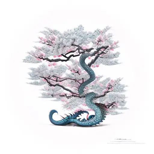 A Fierce Dragon Wrapped Around A Cherry Blossom Tree In A Medieval Japanese Setting
