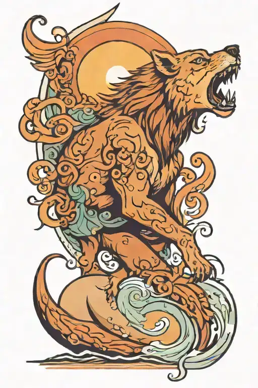 Sleeve Tattoo With A Spirt Wolf On A Sunset Beach Biting A Lion On The Neck