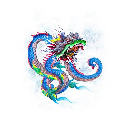 A Japanese Dragon Breathing Colorful Smoke In A New-school Style