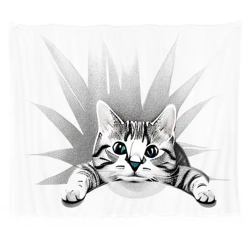 A Minimalist Tattoo Of A Cat Lounging On A Beach Towel Under A Palm Tree