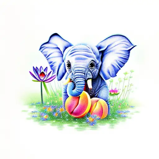 Baby Elephant And A Peach With Water Lilies And Larkspurs