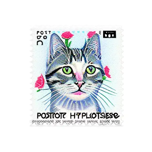 Postage Stamp With Playing Cat And Flowers