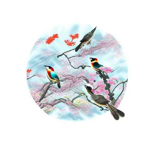 Incorporate Birds And Japanese Culture Into An Abstract Nature Scene
