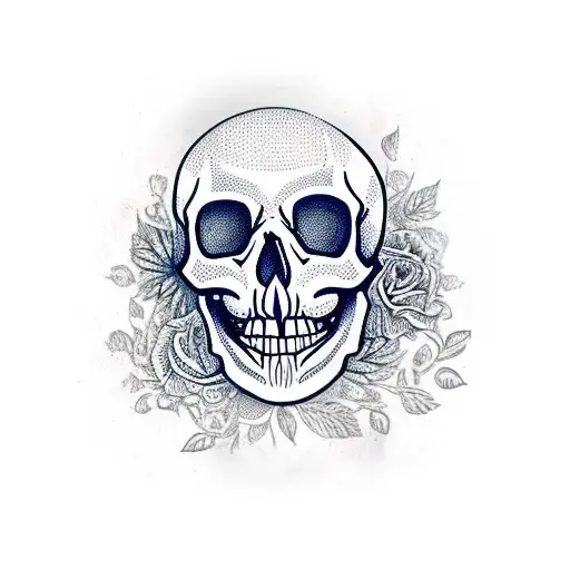 A Realistic Skull Adorned With Intricate Floral Patterns And A Dagger Through It
