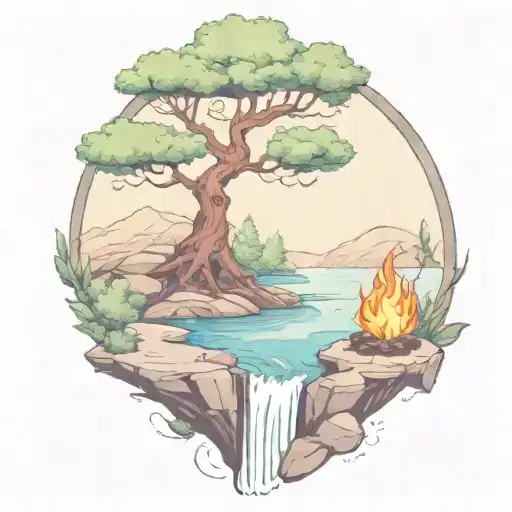 A River With A Campfire And A Rowan Berry Tree On Either Side Of It Waterfalls Down The Front