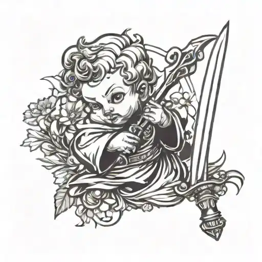Cherub Wearing Monk Robes And Holding A Dagger With Aster Flowers In The Background