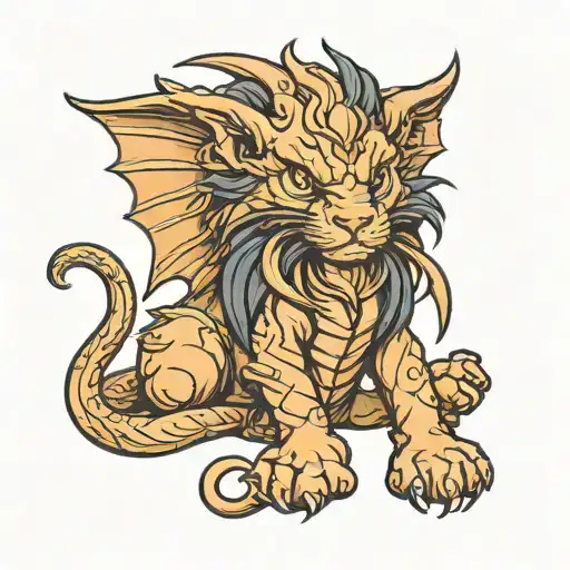 Manticore Kitten With Bat Wings And Scorpion Tail Curled Up Into A Ball And Looking At Us