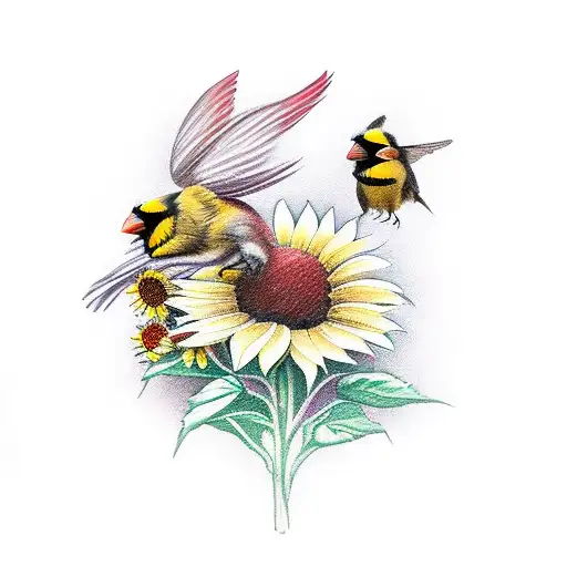 Cardinal With Bumblebee And Sunflowers