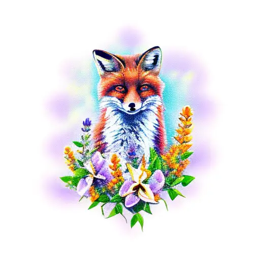Fox With Lavender Roses And Honeysuckle