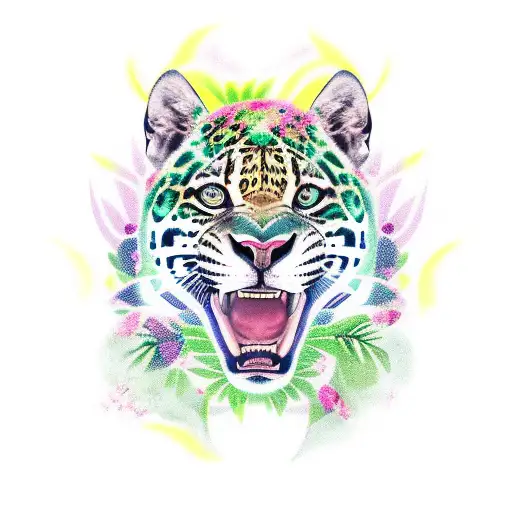 Jaguar With Amazon Forest Flora And Fauna